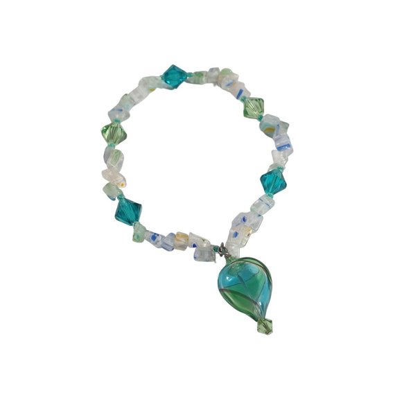 Swarovski Elements Handmade Artisan Glass Bracelet Womens Stretch Glass Heart - Picture 1 of 4